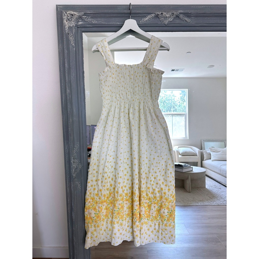 90s Vintage Onward Floral Kashiyama Seersucker Smocked Midi Dress Cottagecore M - Picture 4 of 8